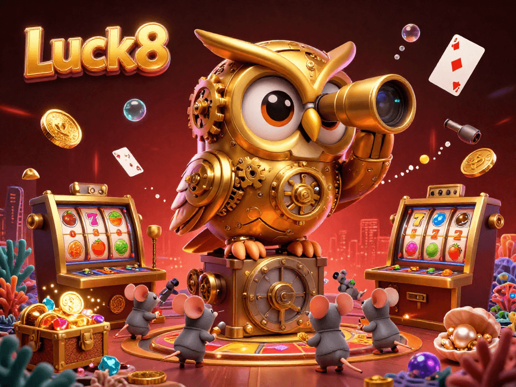 Immerse in Luck8's thrilling casino adventure with a stunning 3D illustration of a golden owl and slot machines.