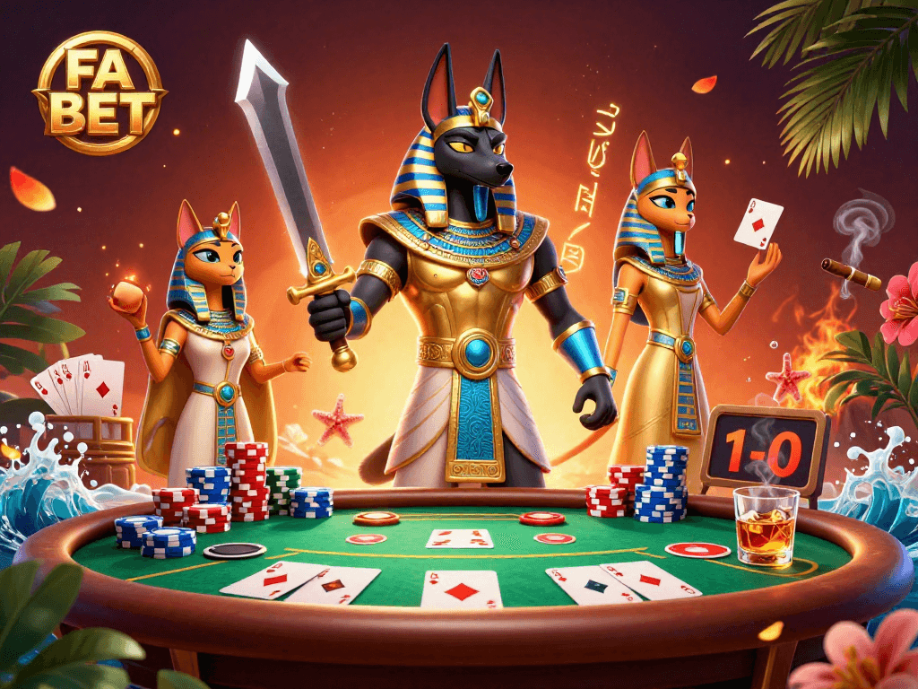 FA BET showcases a vibrant 3D scene with Anubis and Bastet enjoying poker with dynamic elements.