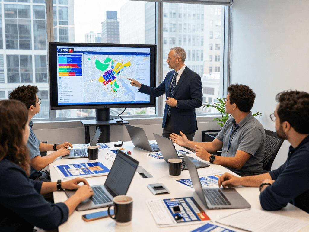Engaged political team strategizing for mayoral campaign marketing in a modern office.