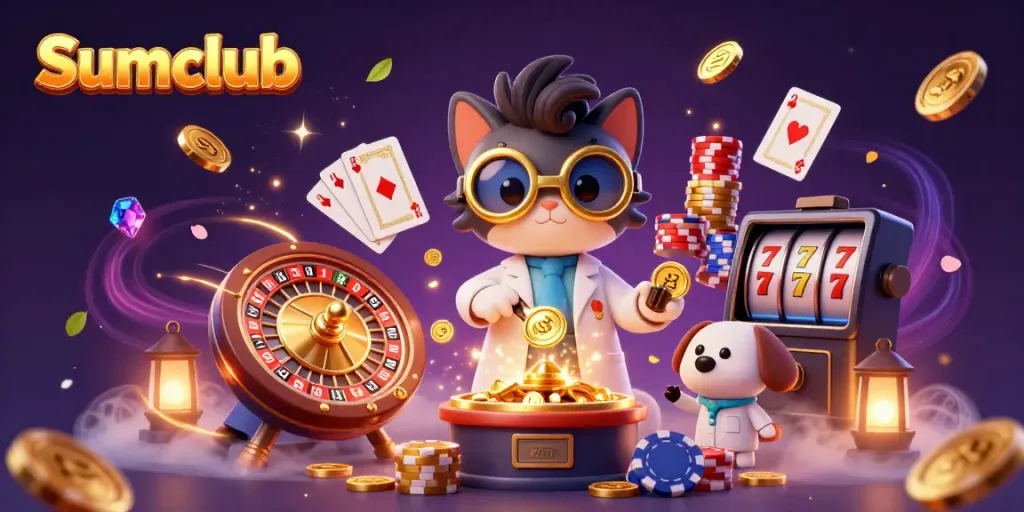 Join the Sumclub adventure with a mad scientist cat and its dog assistant surrounded by casino riches.