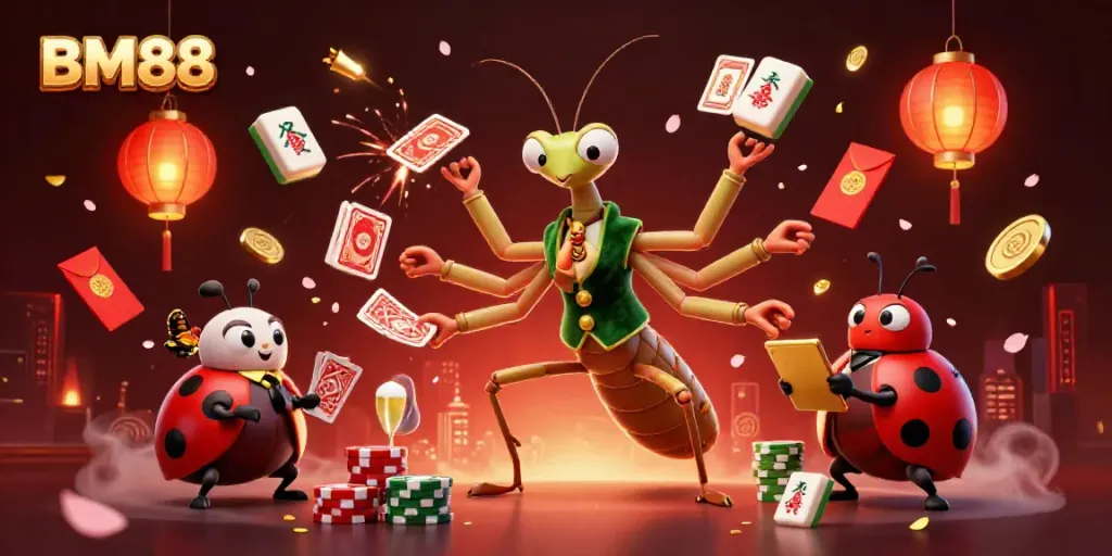 Engage with the vibrant BM88 casino scene featuring a card sharp mantis and ladybug pit boss