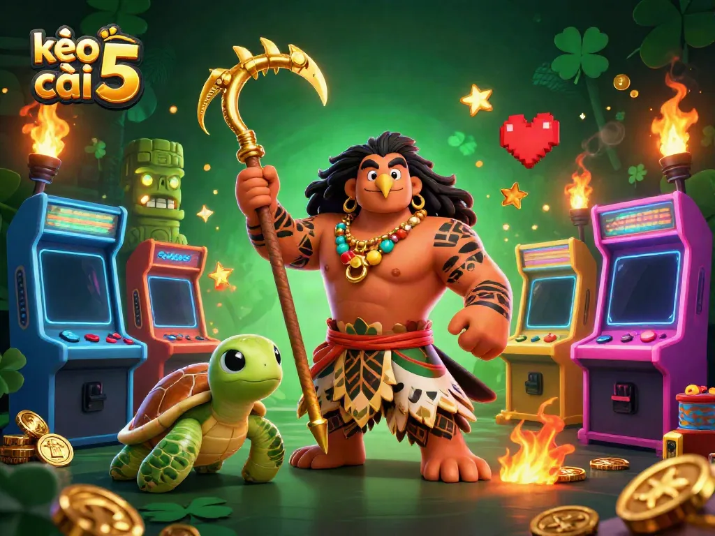 Join the adventure with kèo nhà cái 5 as the demigod hawk and turtle sidekick explore a vibrant casino world.