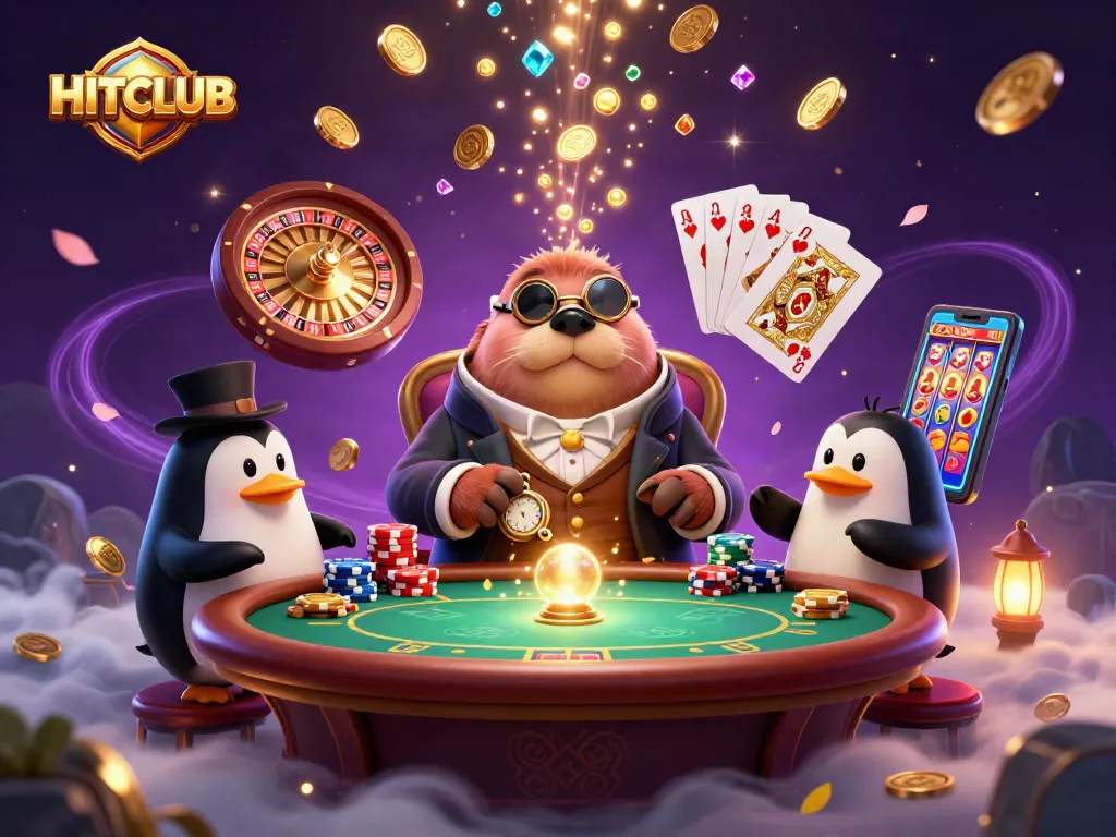 Engage with HITCLUB's underwater poker scene featuring whimsical characters and dynamic gambling elements.