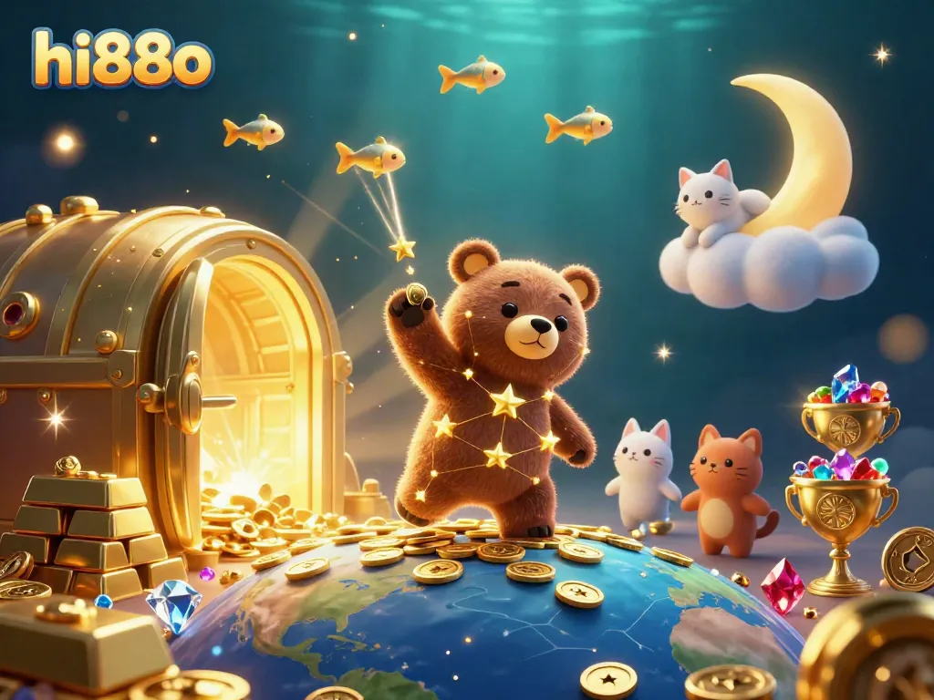 hi88o cartoon constellation bear plays in a rich casino scene with treasures and vibrant colors.