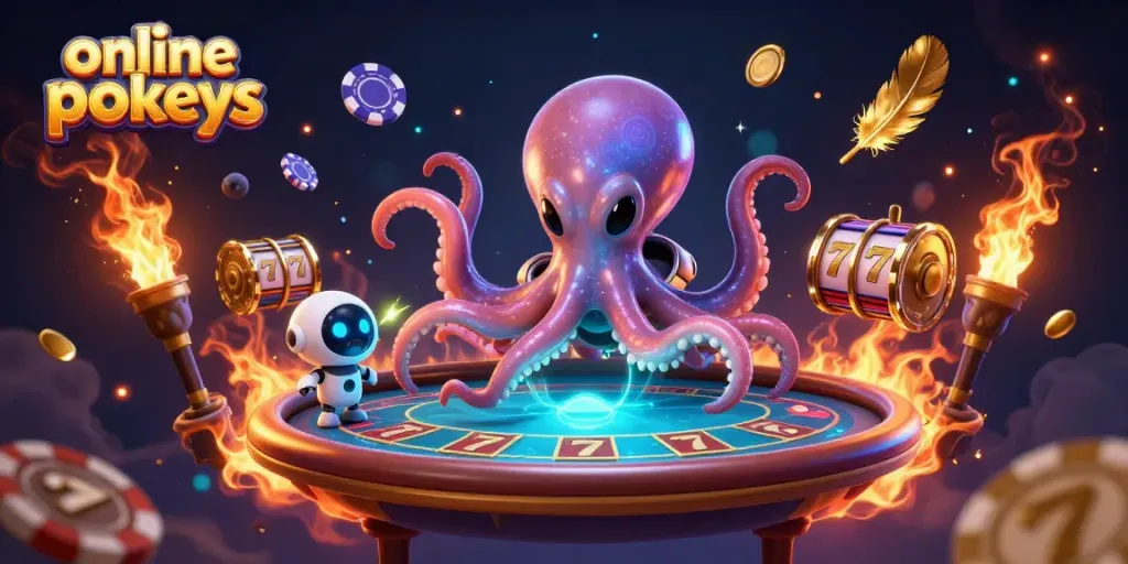 Experience thrilling online pokies action with a cosmic octopus at a holographic poker table.
