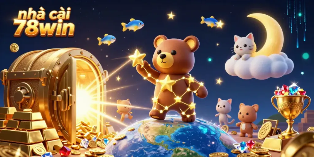Engage with nhà cái 78win, showcasing an enchanting casino scene filled with golden treasures and cosmic companions.