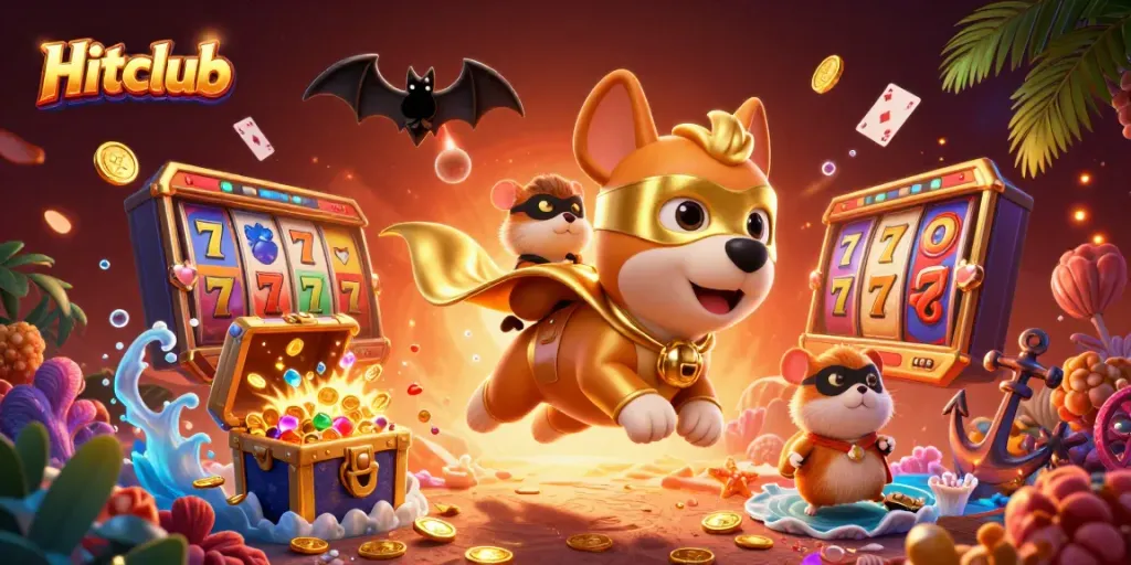 Hitclub's superhero dog flies through a vibrant casino scene filled with gold coins and dynamic slot reels.