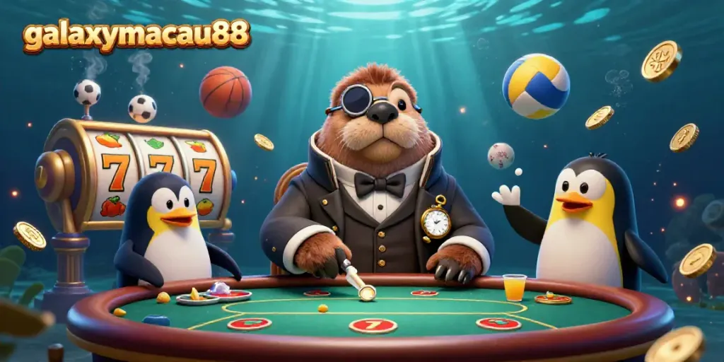 Experience thrilling gameplay at galaxymacau88 with a 3D walrus at a poker table, showcasing vibrant slot reels.