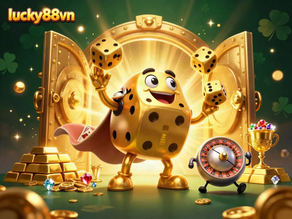 Experience the thrill of lucky88vn with vibrant 3D casino characters amidst golden treasures.