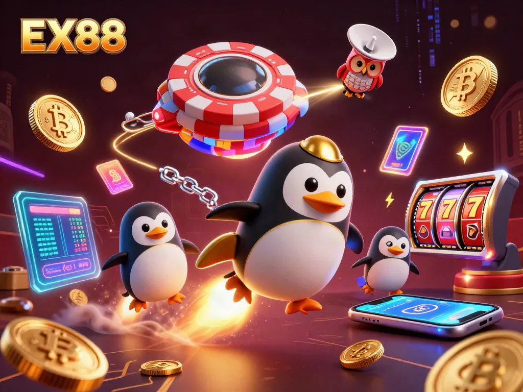 Experience EX88 excitement with a dynamic golden penguin amidst a casino-themed cosmic scene.