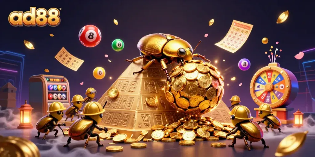 Experience the ad88 thrill as golden beetles roll coins toward victory in a vibrant casino world.