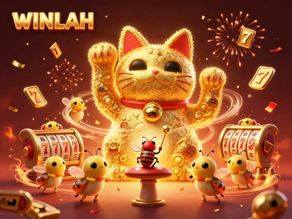 Experience the excitement at WINLAH with a vibrant 3D lucky cat formed by fireflies, surrounded by dazzling casino symbols.
