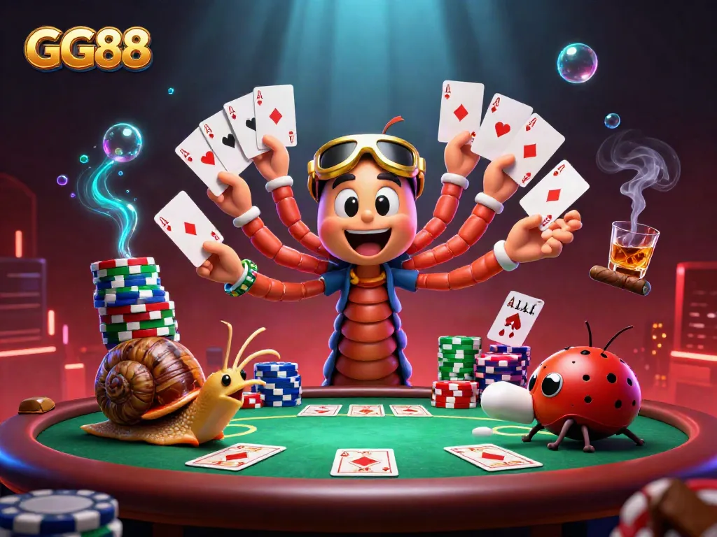 Experience thrilling gameplay with GG88, featuring a fun millipede dealer and exciting poker elements.