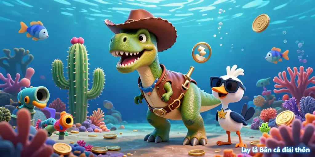 A colorful underwater scene featuring characters shooting fish in the game lại là Bắn cá đổi thưởng.