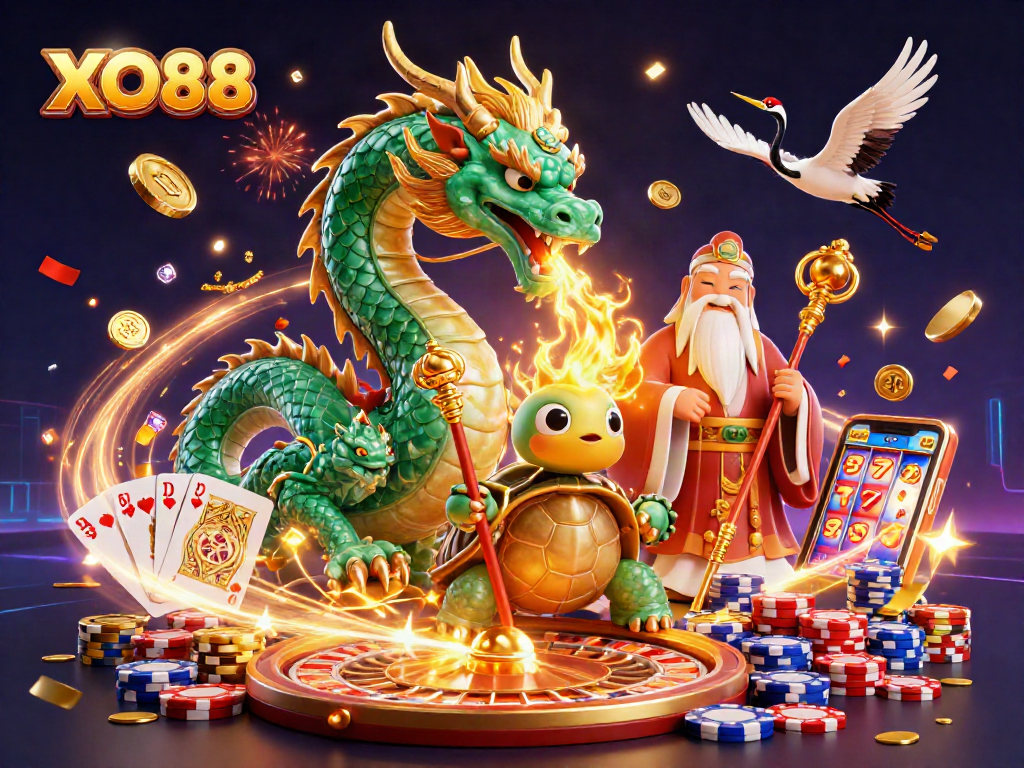 Engage in thrilling casino action with the vibrant XO88 illustration showcasing dragon, sage, and lucky cranes.