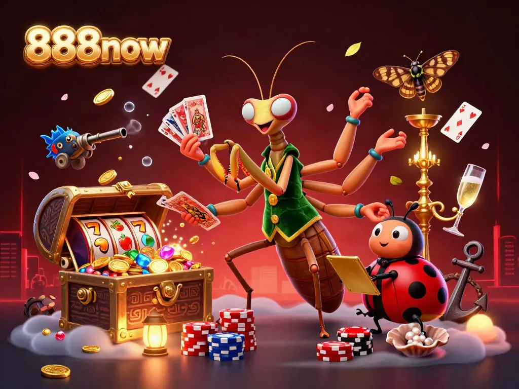 Experience high-stakes gaming at 888now with an exciting 3D illustration depicting vibrant casino elements.