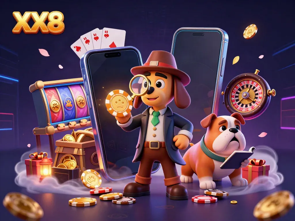 Experience the thrill of XX8 casino with a detective uncovering treasures surrounded by vibrant gaming elements.