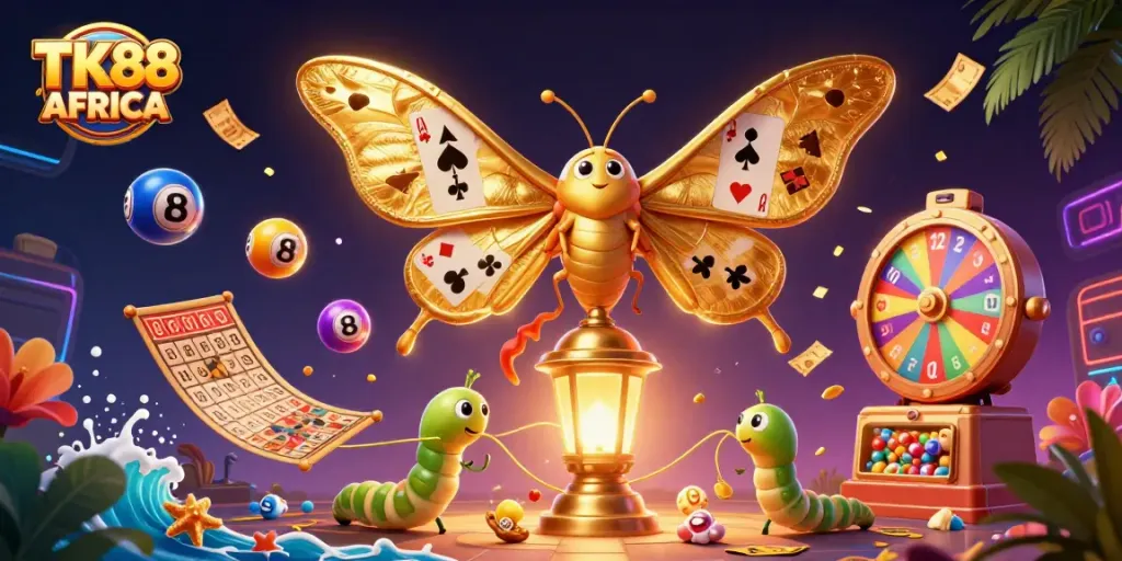 Experience the thrill of winning at TK88 AFRICA with vibrant lottery elements and a majestic moth.