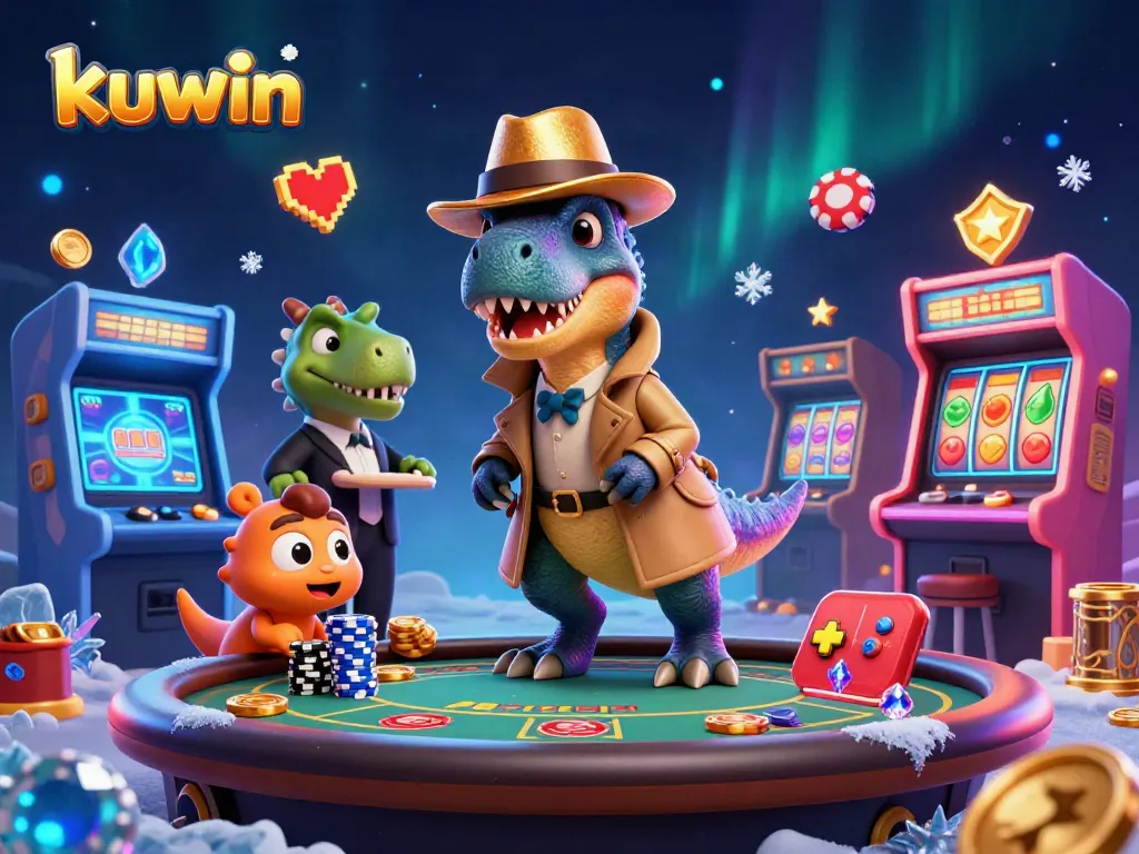 Kuwin gamified action features a cartoon velociraptor at a blackjack table with vibrant casino elements.