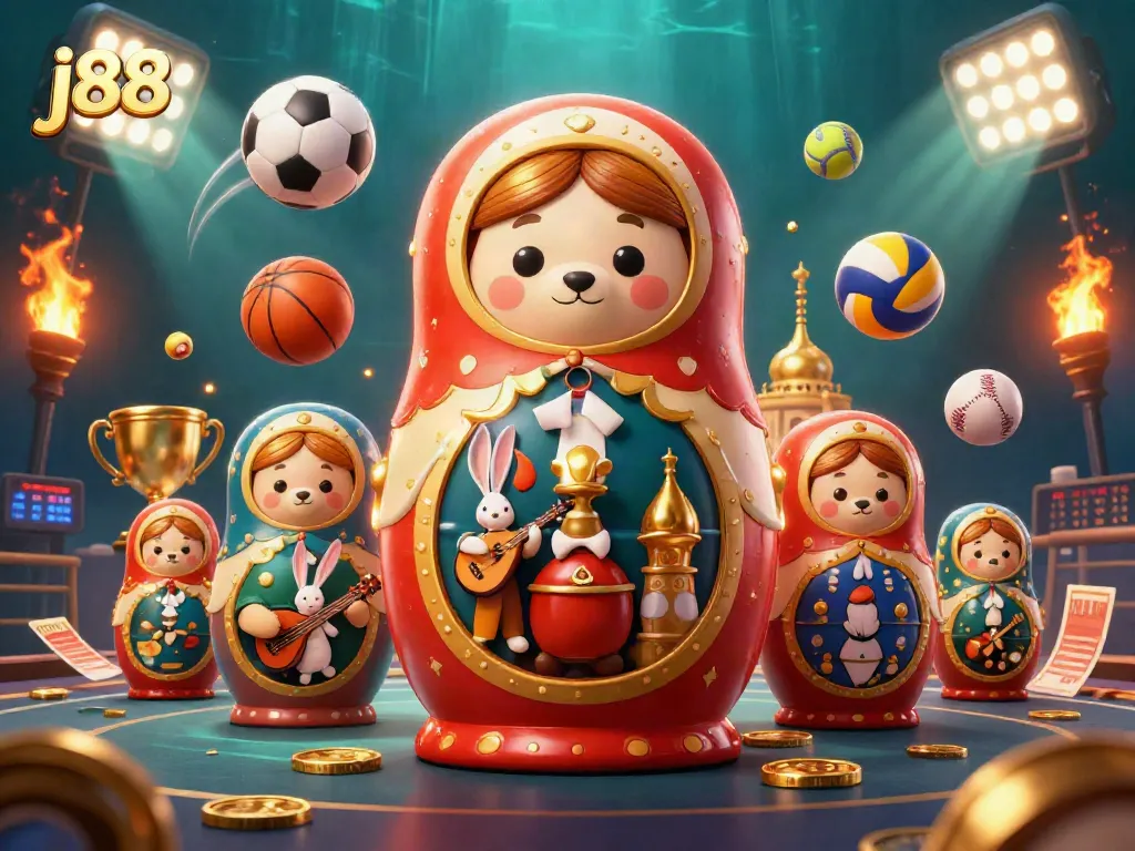 Engage with j88's vibrant casino scene featuring a nesting doll bear and dynamic sports elements.