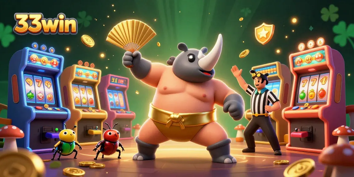 Engage in thrilling gameplay with 33win, featuring a dynamic 3D beetle champion amidst golden coins and joyous casino elements.