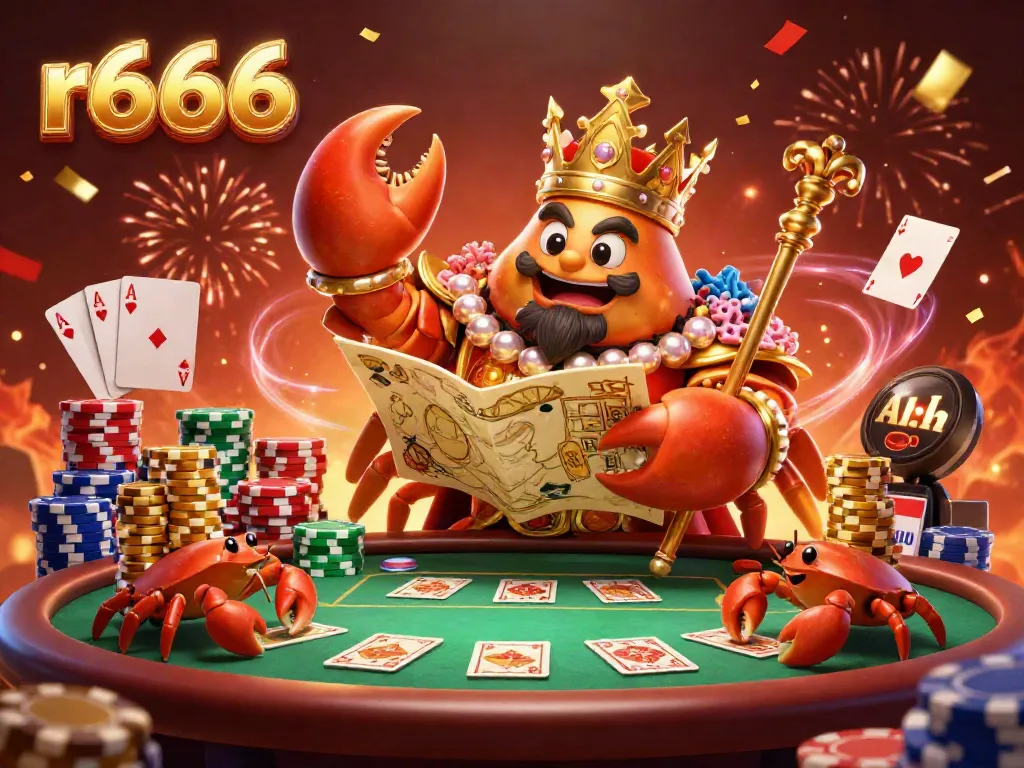 Experience the vibrant energy of r666 with a golden crab emperor ruling a dynamic casino scene filled with poker elements.