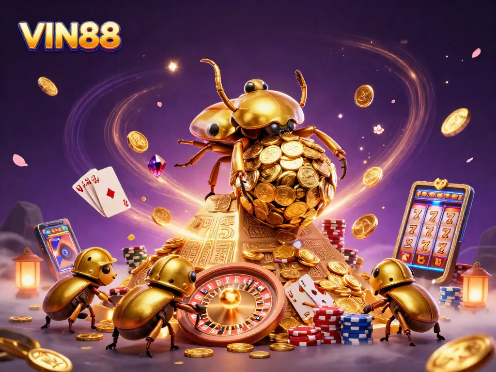Win big at VIN88 with a vibrant scene of golden coins and rolling beetles in a casino setting.