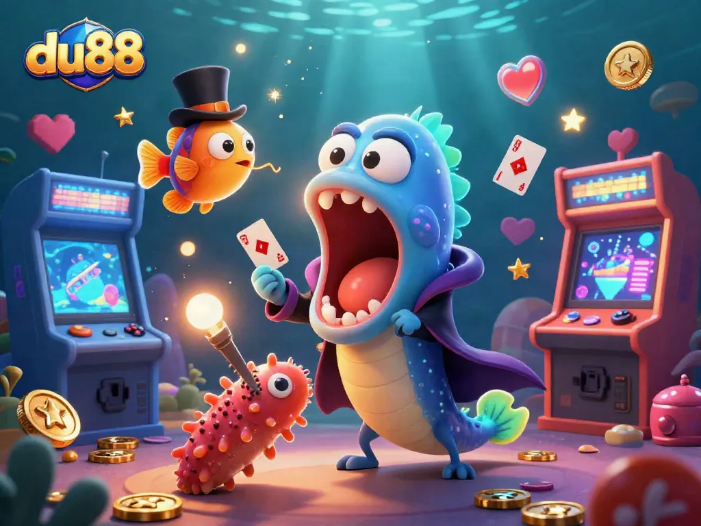 Join the excitement at du88 with a 3D cartoon illustration showcasing playful sea creatures in a magical casino setting.