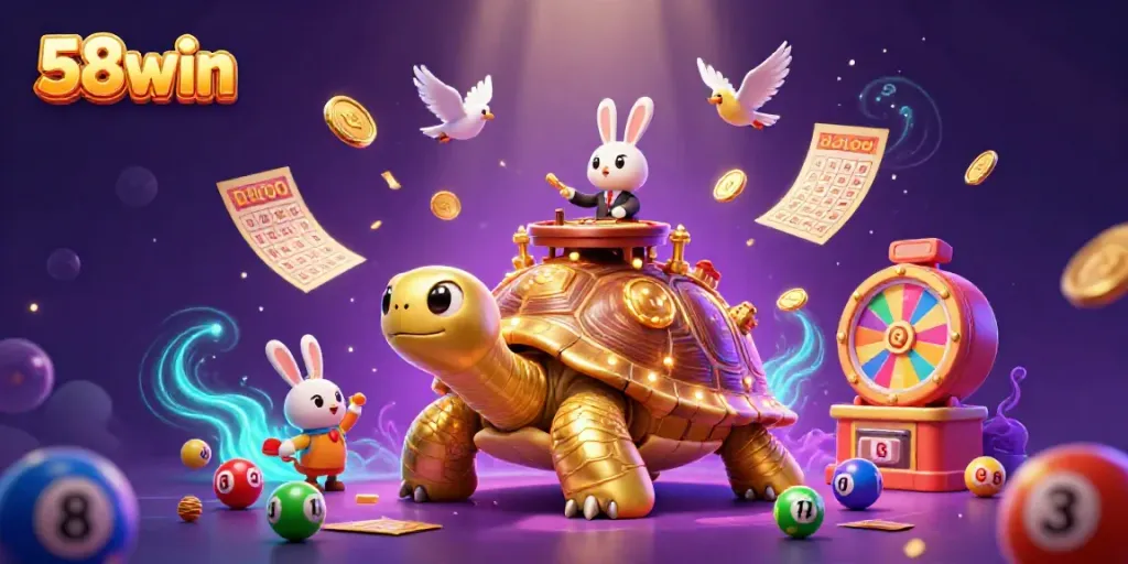 Experience the vibrant 58win casino scene with colorful game elements flying around a cartoon tortoise.