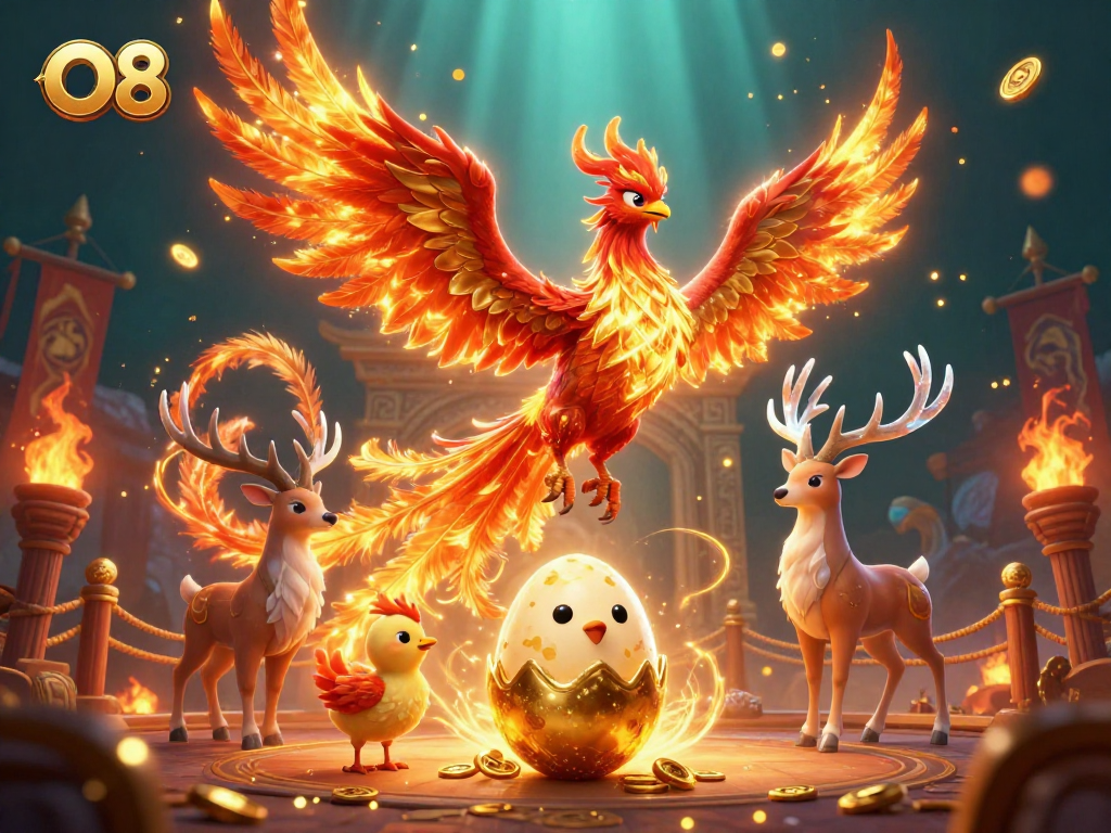 Experience thrilling gaming with O8, featuring a vibrant phoenix, mystical stag, and dynamic casino elements.
