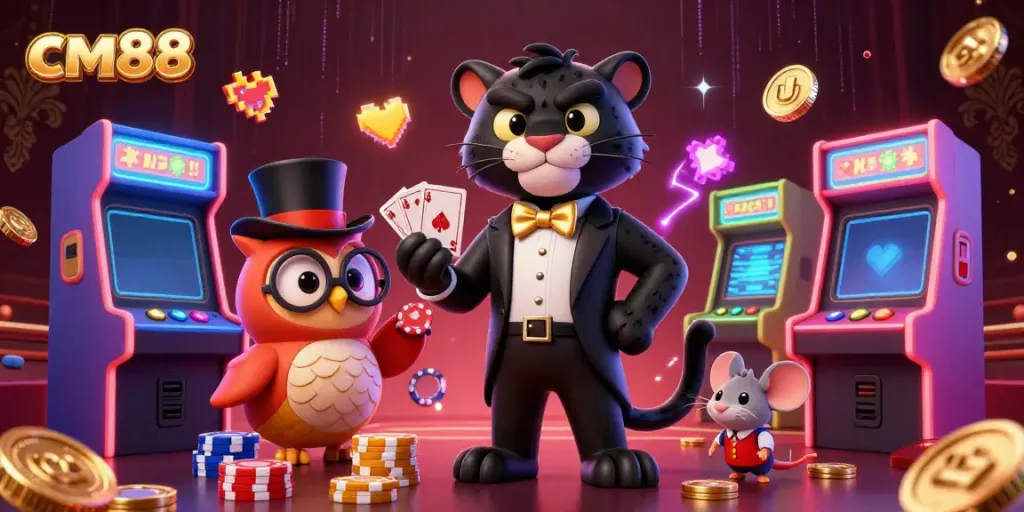 Play exciting games at cm88 with stylish characters and dynamic casino elements in a vibrant casino scene.