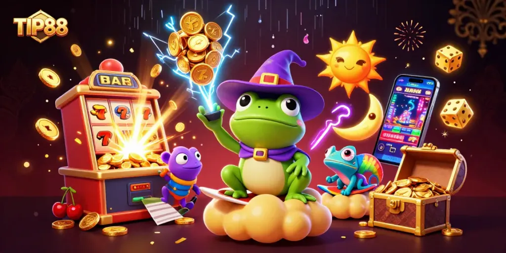 Experience the thrill of TIP88 with a storm of golden coins and vibrant casino elements.