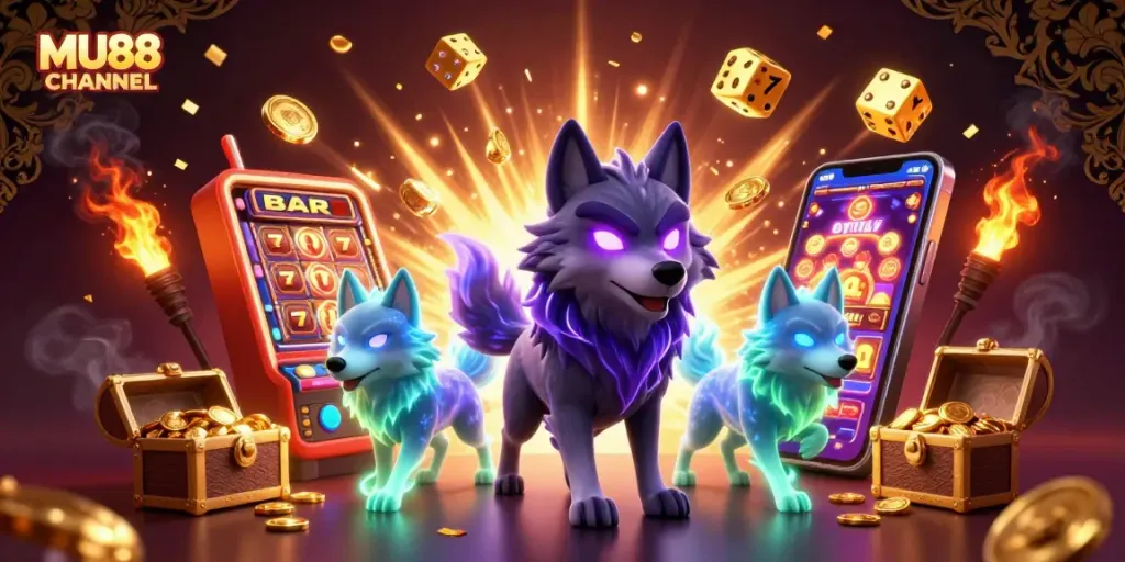 Experience the excitement of MU88 CHANNEL with ghostly wolves and jackpot games in vibrant 3D art.