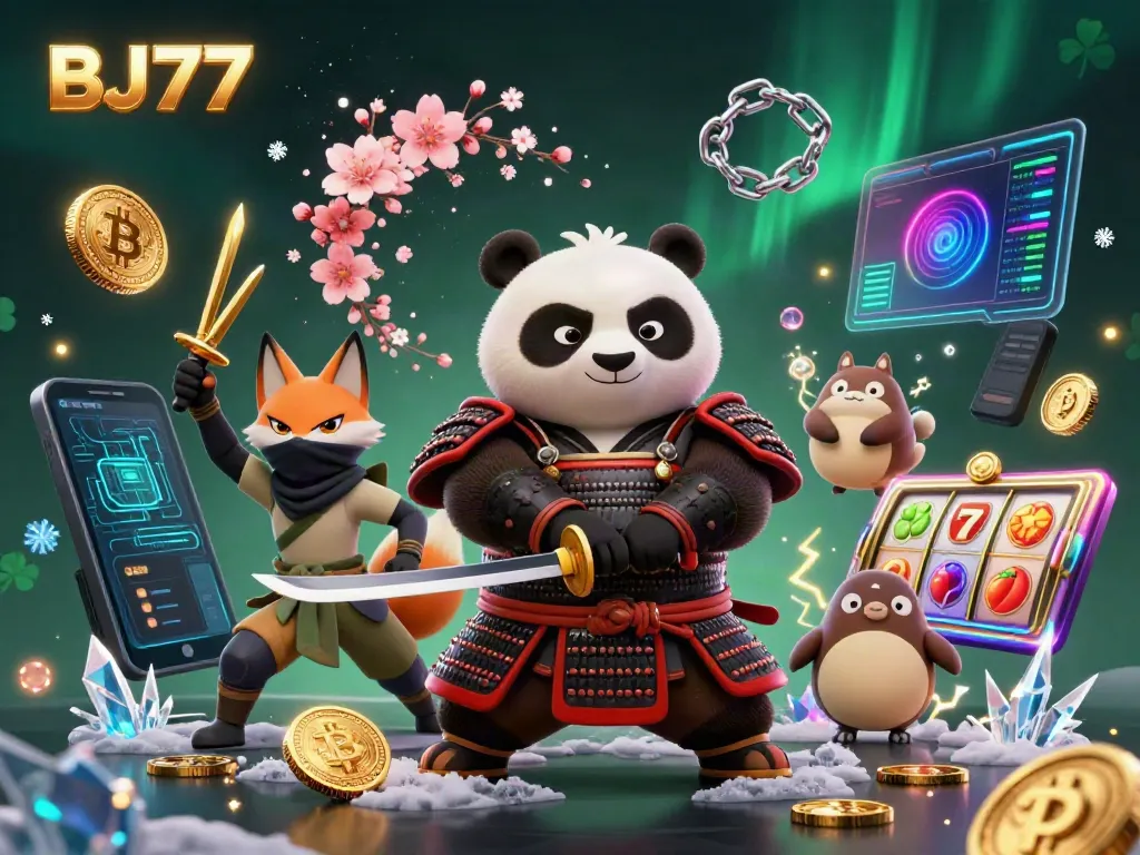 Engage with BJ77 through a vibrant 3D illustration featuring a samurai panda, ninja fox, and casino symbols.