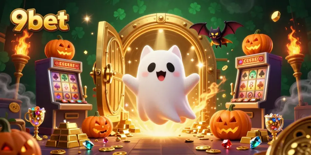 Experience the excitement of 9bet with a whimsical ghost cat in a haunted casino.
