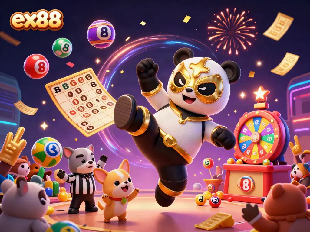 Exciting ex88 lottery scene with panda wrestler and animal crowd in a vibrant illustration.