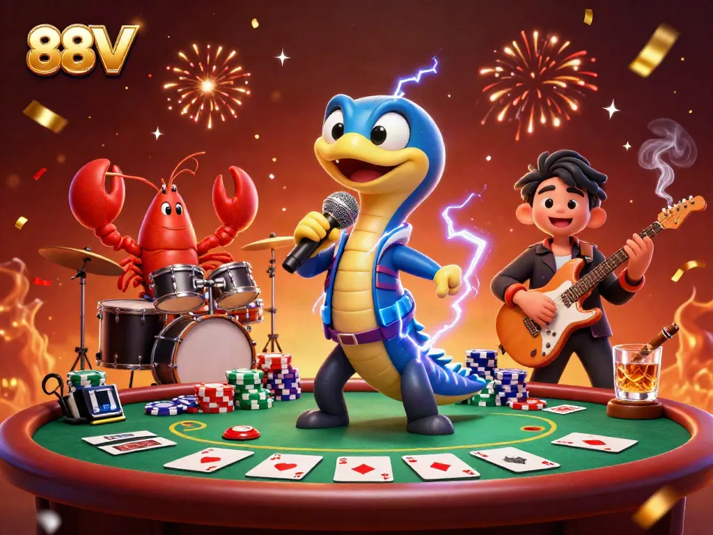 Experience vibrant casino energy with 88VV's electric eel DJ and underwater band amidst poker action.