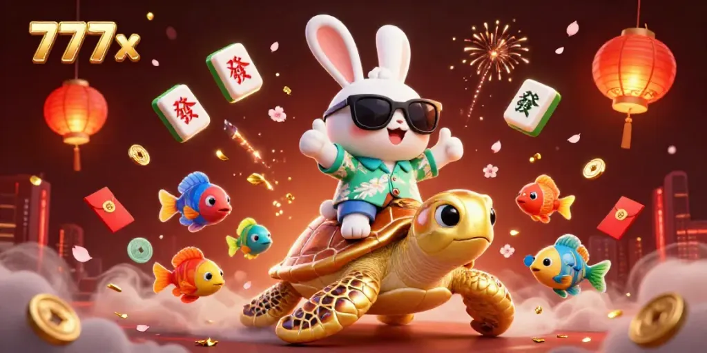 Engage with 777x, showcasing a lucky rabbit and turtle surrounded by vibrant casino elements in a 3D scene.