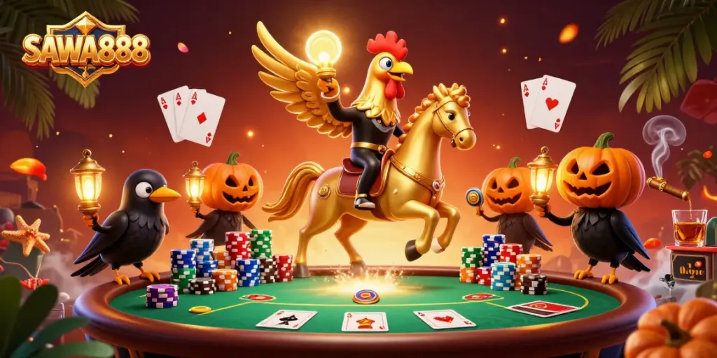 Experience the thrill of SAWA888 as the golden rooster and spectral horse ride through a vibrant casino.