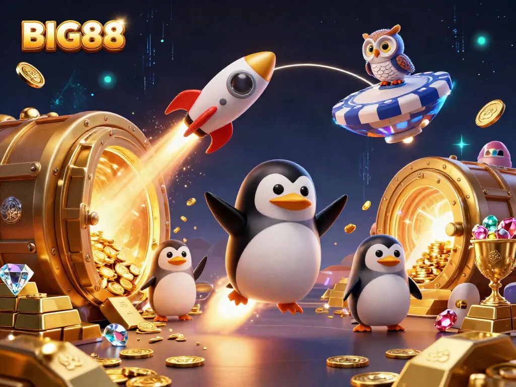 Big88 brings an exciting space adventure with a golden penguin and treasures in a casino-themed galaxy.