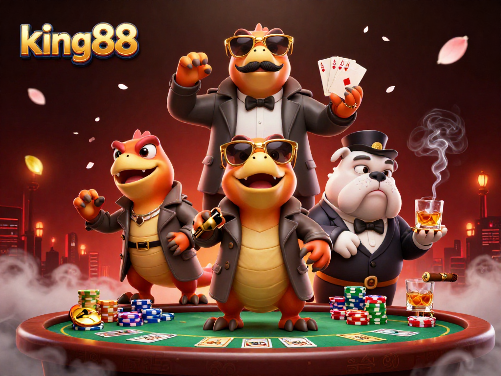 Experience king88 thrill with raptors in a trench coat attempting casino entry, poker elements featured.