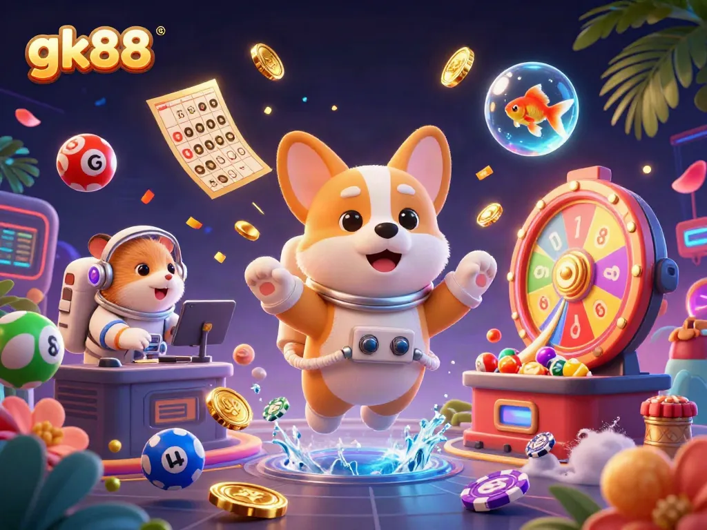 Experience exciting gk88 gaming with a corgi astronaut and lottery themes in space.