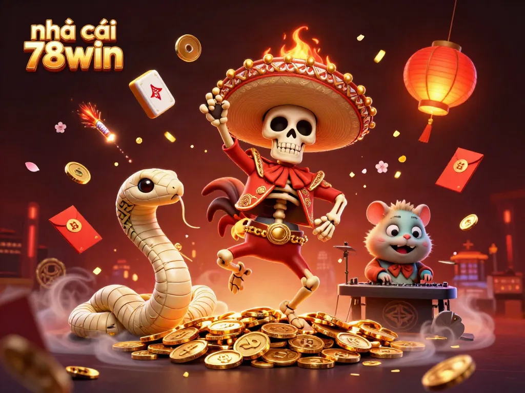 Engaging scene of nhà cái 78win featuring a joyful 3D cartoon rooster, a mummy snake, and a DJ hamster surrounded by casino elements.