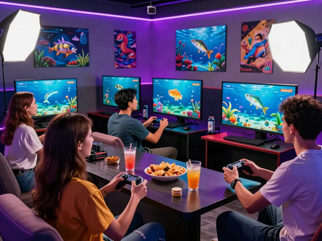 Engaged friends playing lại là Bắn cá đổi thưởng in a vibrant gaming lounge filled with neon lights and aquatic-themed artwork.
