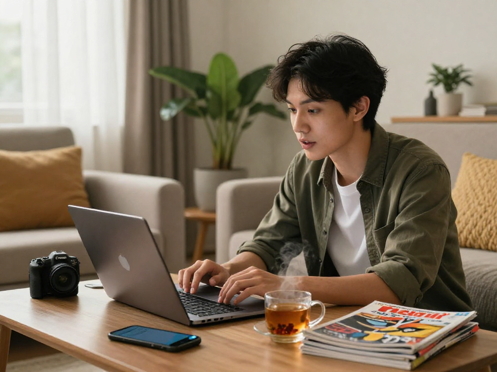 Engaging in a porn chat AI conversation on a stylish laptop in a cozy living room.