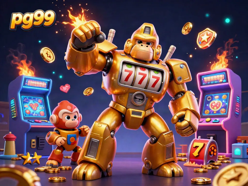Engage with thrilling pg99 slot action featuring a golden gorilla mech amidst dynamic casino games.