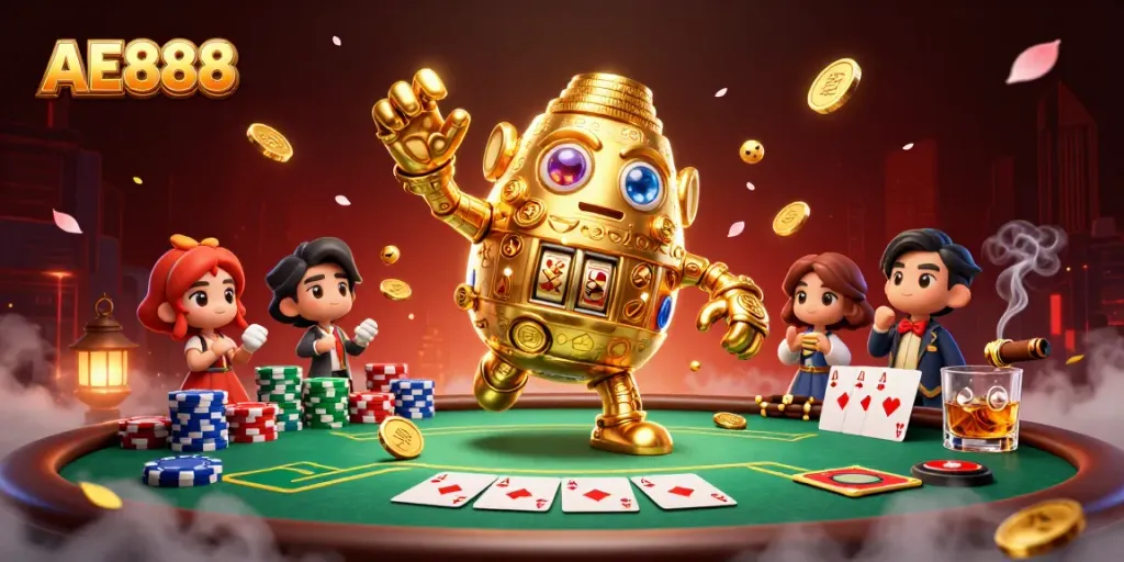 Experience the thrilling games at AE888 with a vibrant 3D golden golem character representing excitement and fun.