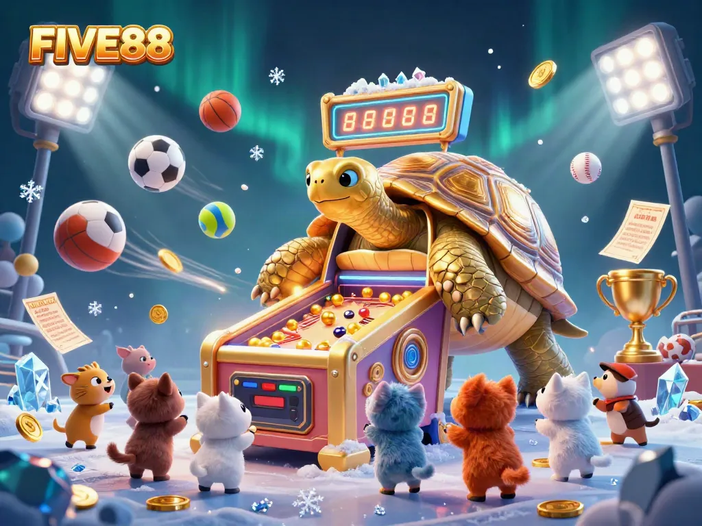 Join the excitement of FIVE88 with a golden tortoise pinball machine as players engage in bets and games.