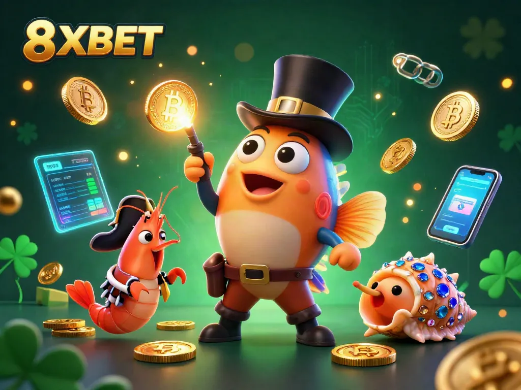 Experience exciting gameplay with 8XBET, a vibrant 3D scene featuring casino-themed characters and elements.