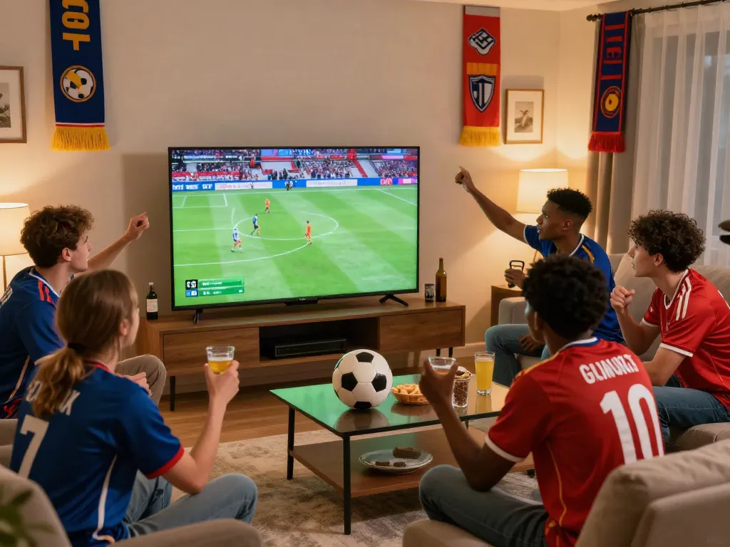 Fans enjoying a live match on GavangTV, surrounded by snacks and team spirit.